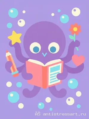 Осьминог-читатель с цветком и звездой — раскраска распечатать бесплатно